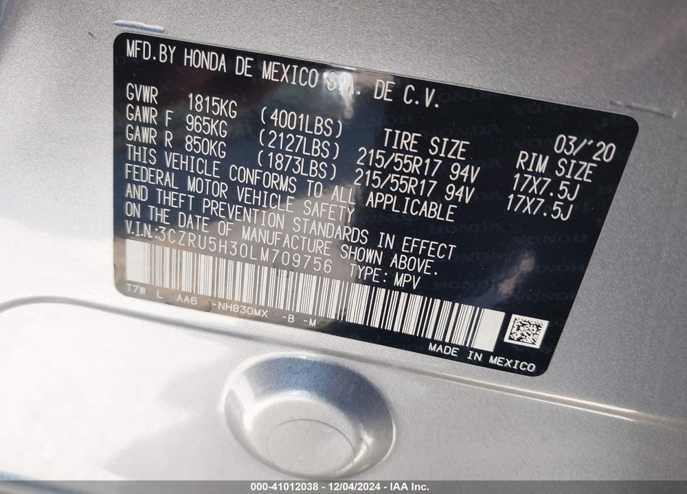 2020 HONDA HR-V 2WD LX VIN: 3CZRU5H30LM709756