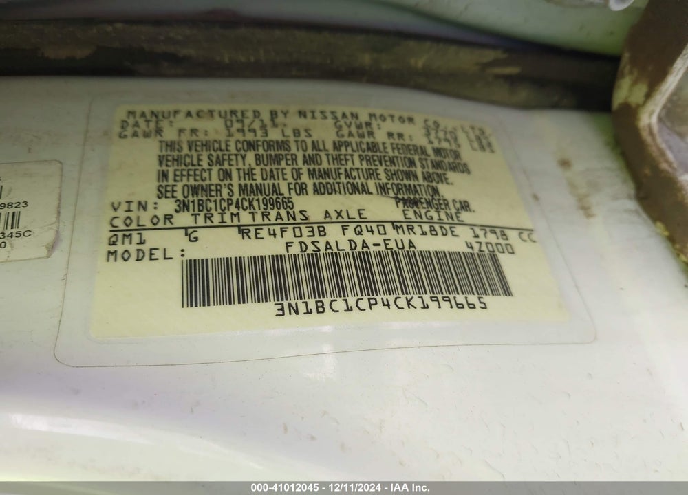 2012 NISSAN VERSA 1.8 S VIN: 3N1BC1CP4CK199665