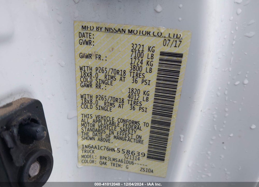 2017 NISSAN TITAN S VIN: 1N6AA1C76HN558639