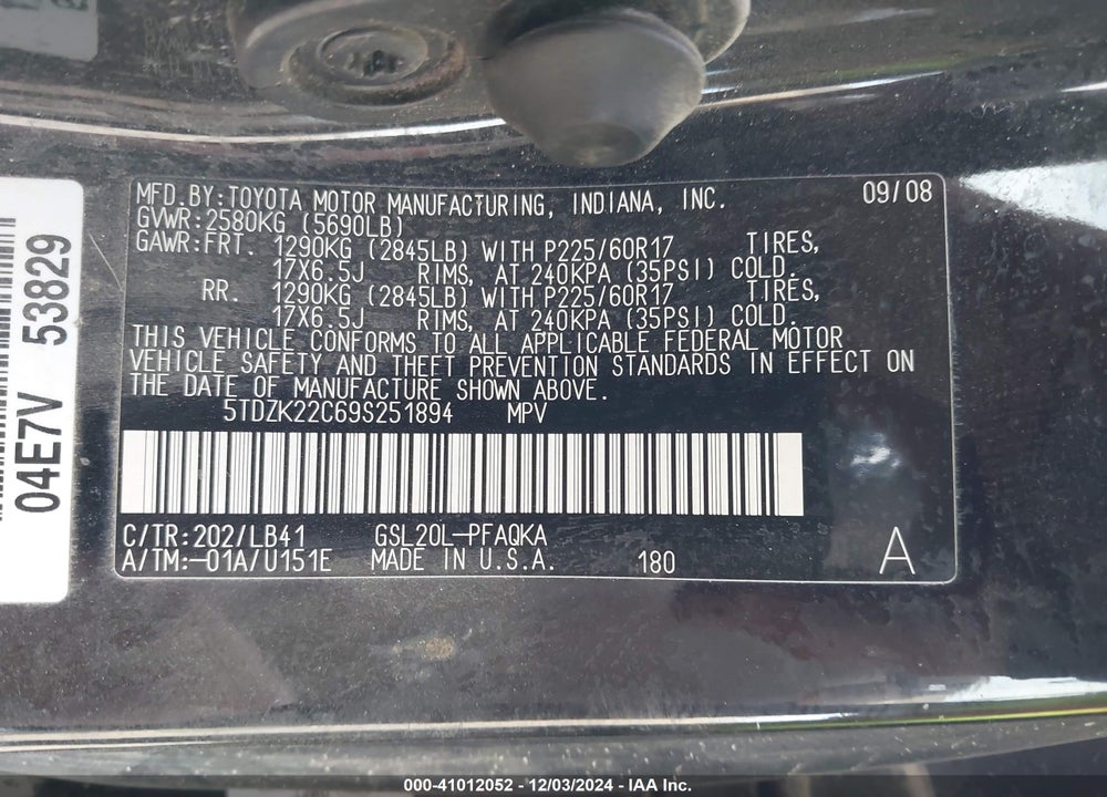 2009 TOYOTA SIENNA LIMITED VIN: 5TDZK22C69S251894