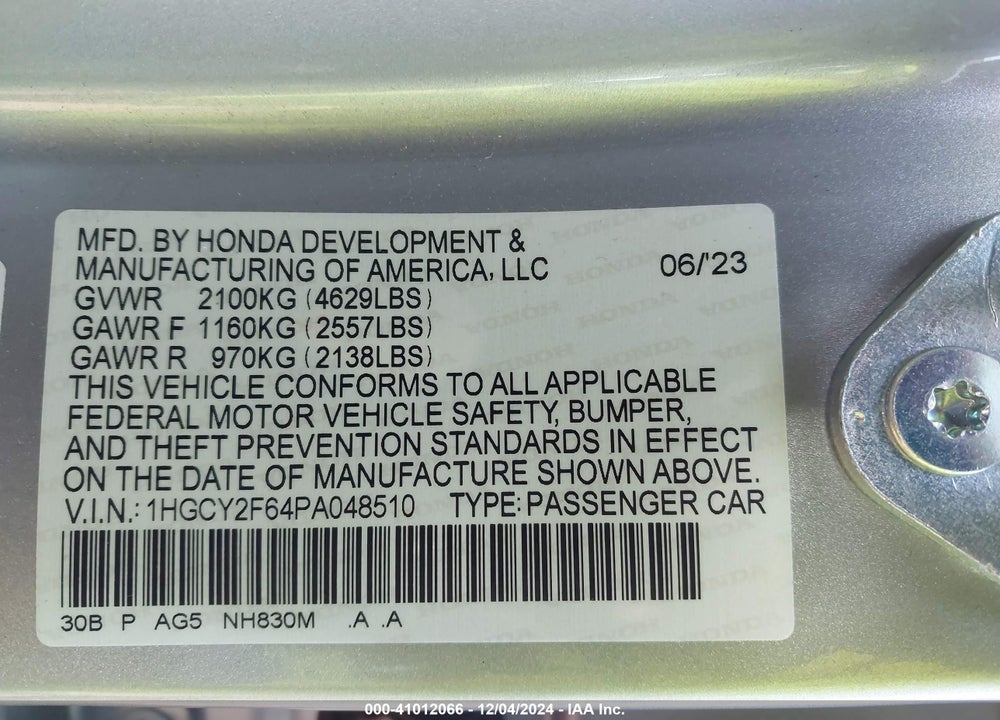 2023 HONDA ACCORD VIN: 1HGCY2F64PA048510