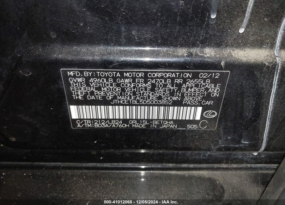 2013 LEXUS GS VIN: JTHCE1BL5D5003852