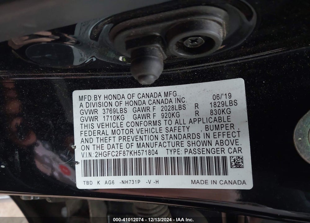 2019 HONDA CIVIC SPORT VIN: 2HGFC2F87KH571804