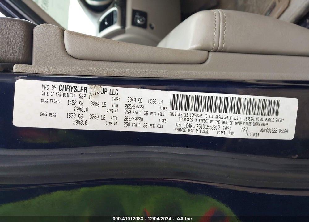 2013 JEEP GRAND CHEROKEE LAREDO VIN: 1C4RJFAG1DC558012