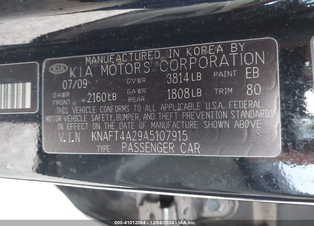 2010 KIA FORTE LX VIN: KNAFT4A29A5107915