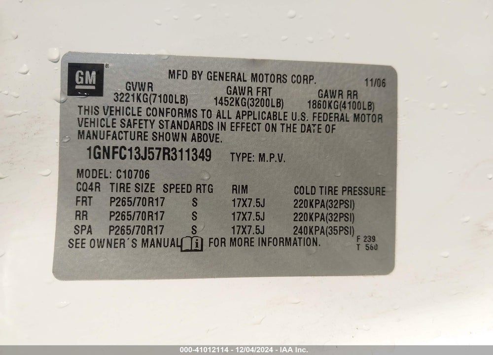 2007 CHEVROLET TAHOE LT VIN: 1GNFC13J57R311349