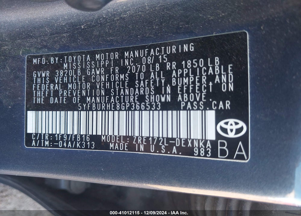 2016 TOYOTA COROLLA LE VIN: 5YFBURHE8GP366533