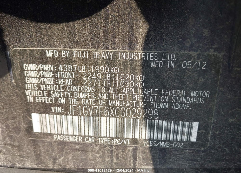 2012 SUBARU IMPREZA WRX LIMITED VIN: JF1GV7F6XCG029298