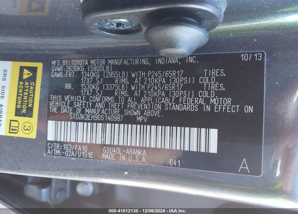 2013 TOYOTA HIGHLANDER VIN: 5TDZK3EH9DS140987