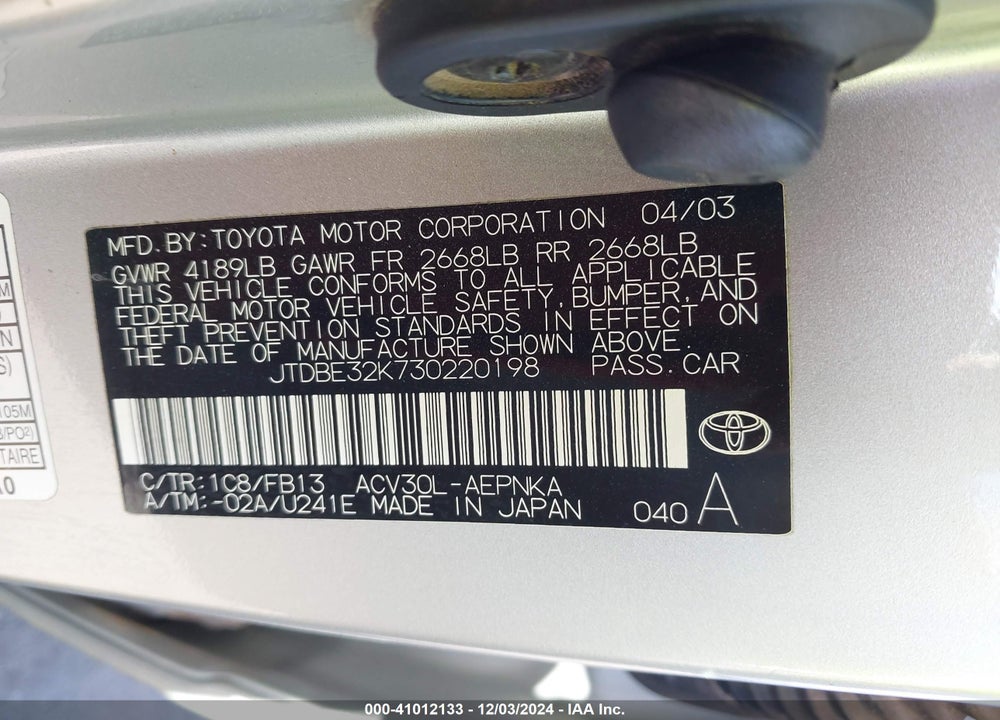 2003 TOYOTA CAMRY LE VIN: JTDBE32K730220198