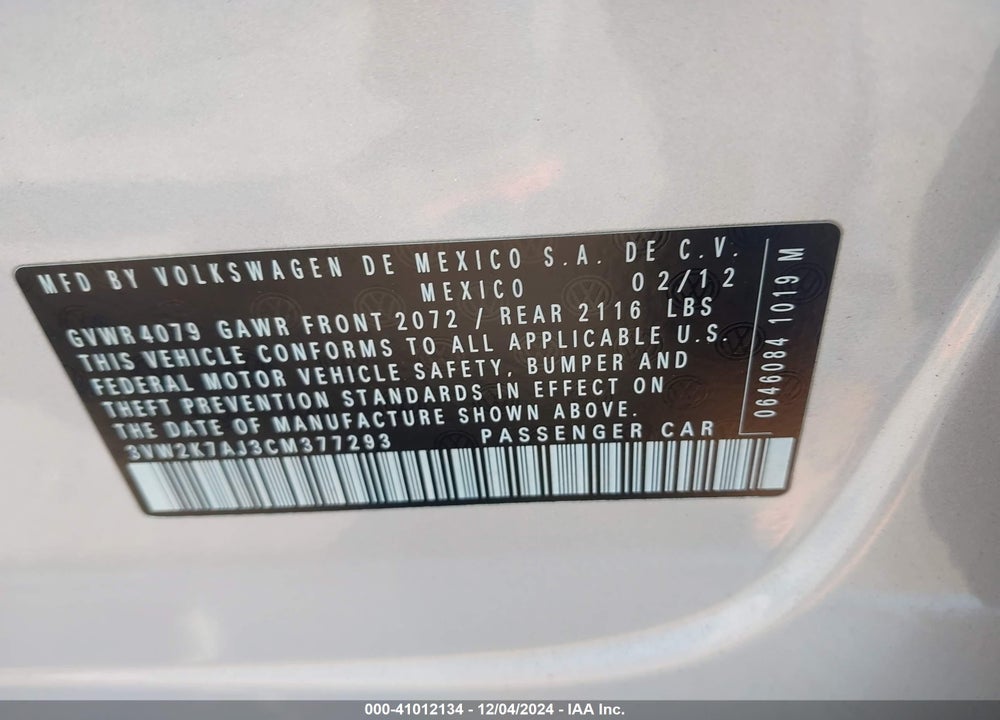 2012 VOLKSWAGEN JETTA VIN: 3VW2K7AJ3CM377293