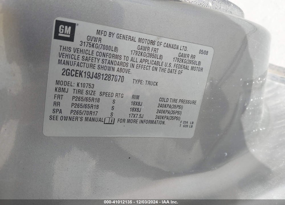2008 CHEVROLET SILVERADO 1500 LT1 VIN: 2GCEK19J481287070