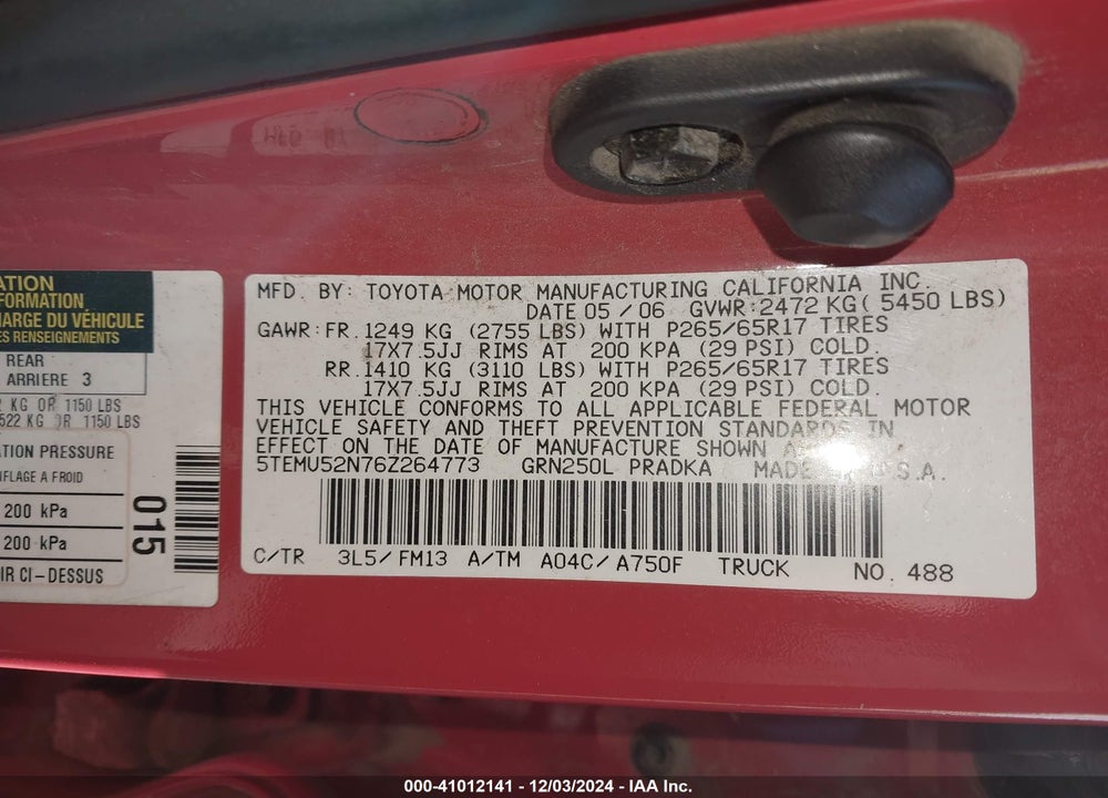 2006 TOYOTA TACOMA DOUBLE CAB LONG BED VIN: 5TEMU52N76Z264773