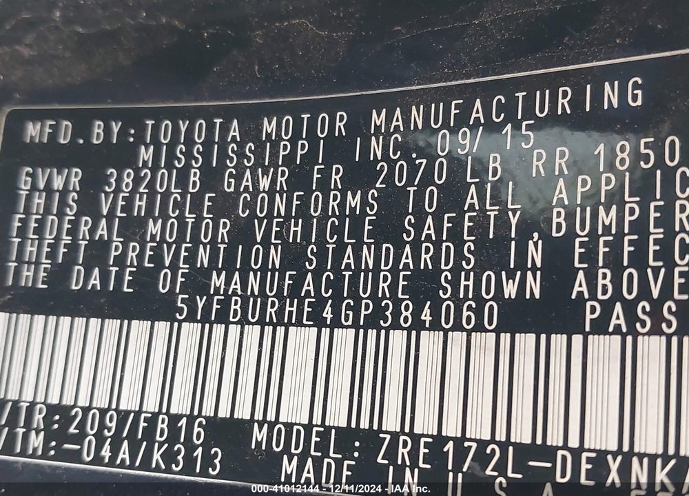 2016 TOYOTA COROLLA VIN: 5YFBURHE4GP384060