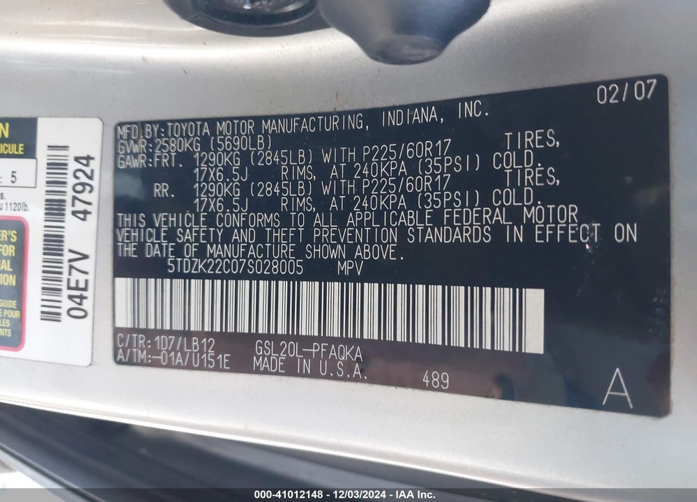2007 TOYOTA SIENNA XLE VIN: 5TDZK22C07S028005