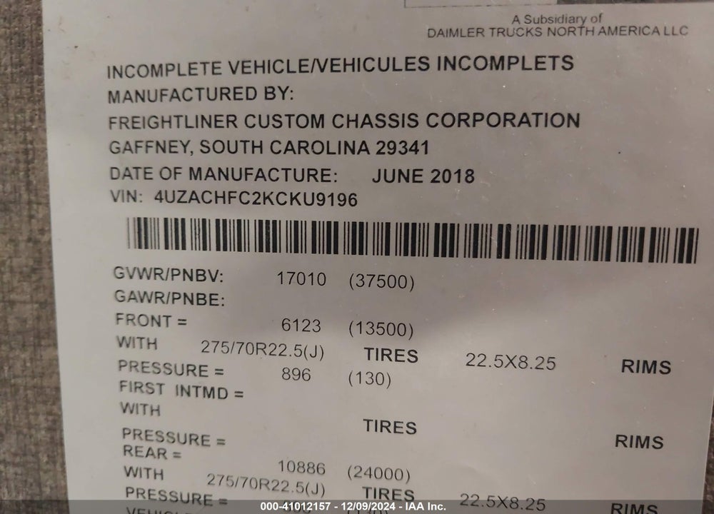 2019 FREIGHTLINER CHASSIS XC VIN: 4UZACHFC2KCKU9196