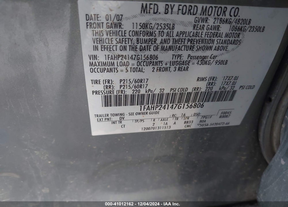 2007 FORD FIVE HUNDRED SEL VIN: 1FAHP24147G156806