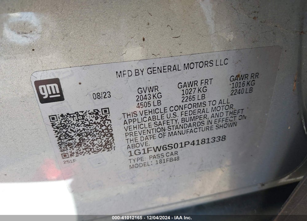 2023 CHEVROLET BOLT EV VIN: 1G1FW6S01P4181338