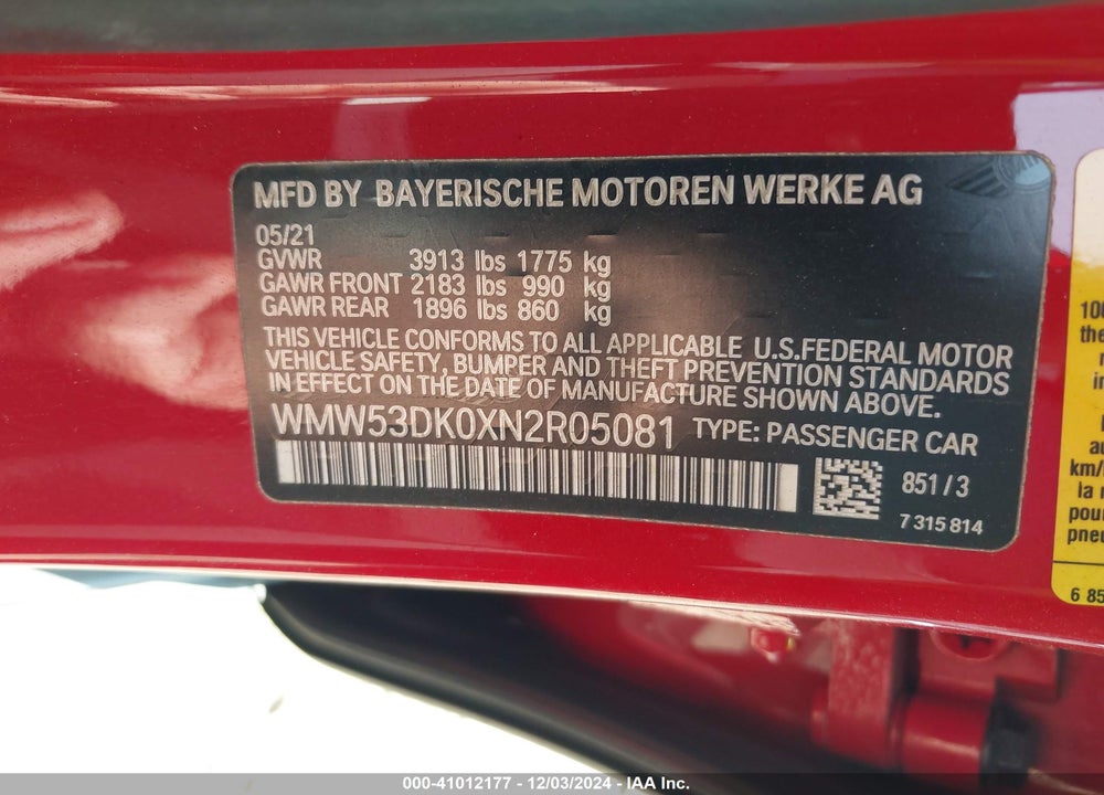 2022 MINI HARDTOP COOPER S VIN: WMW53DK0XN2R05081
