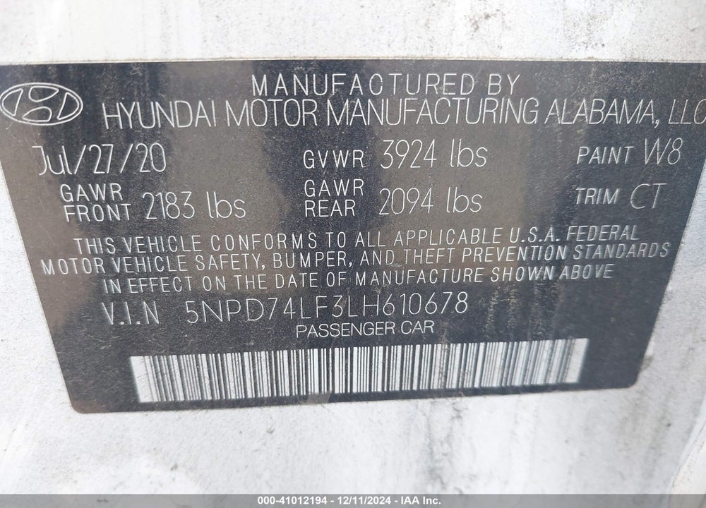 2020 HYUNDAI ELANTRA SE VIN: 5NPD74LF3LH610678