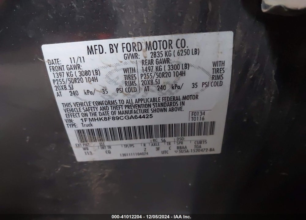 2012 FORD EXPLORER LIMITED VIN: 1FMHK8F89CGA64425