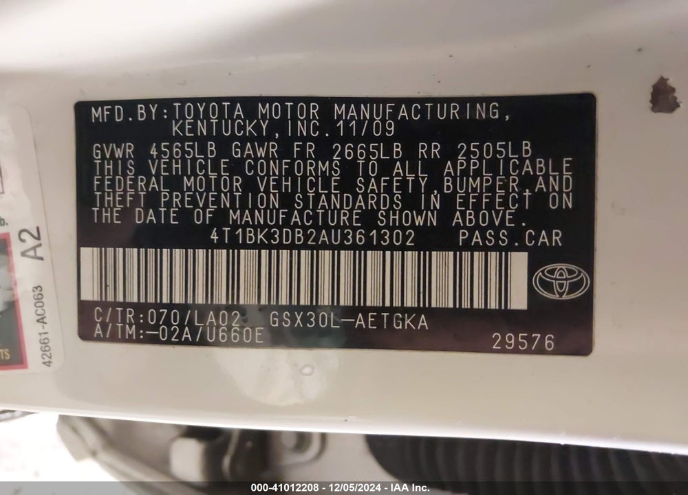 2010 TOYOTA AVALON XLS VIN: 4T1BK3DB2AU361302