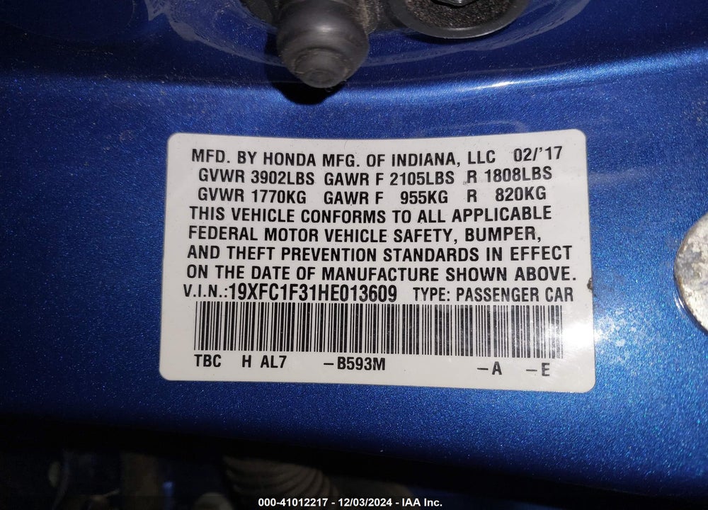 2017 HONDA CIVIC EX-T VIN: 19XFC1F31HE013609