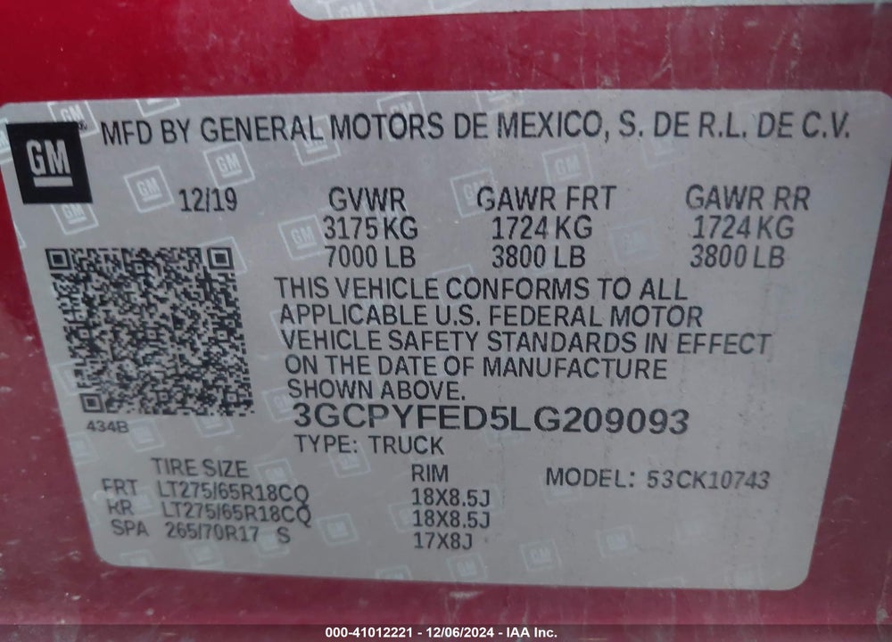 2020 CHEVROLET SILVERADO 1500 4WD STANDARD BED LT TRAIL BOSS VIN: 3GCPYFED5LG209093