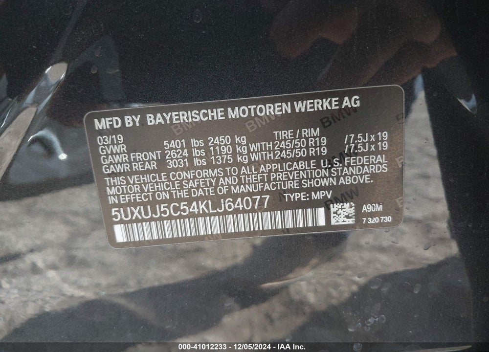 2019 BMW X4 M40I VIN: 5UXUJ5C54KLJ64077