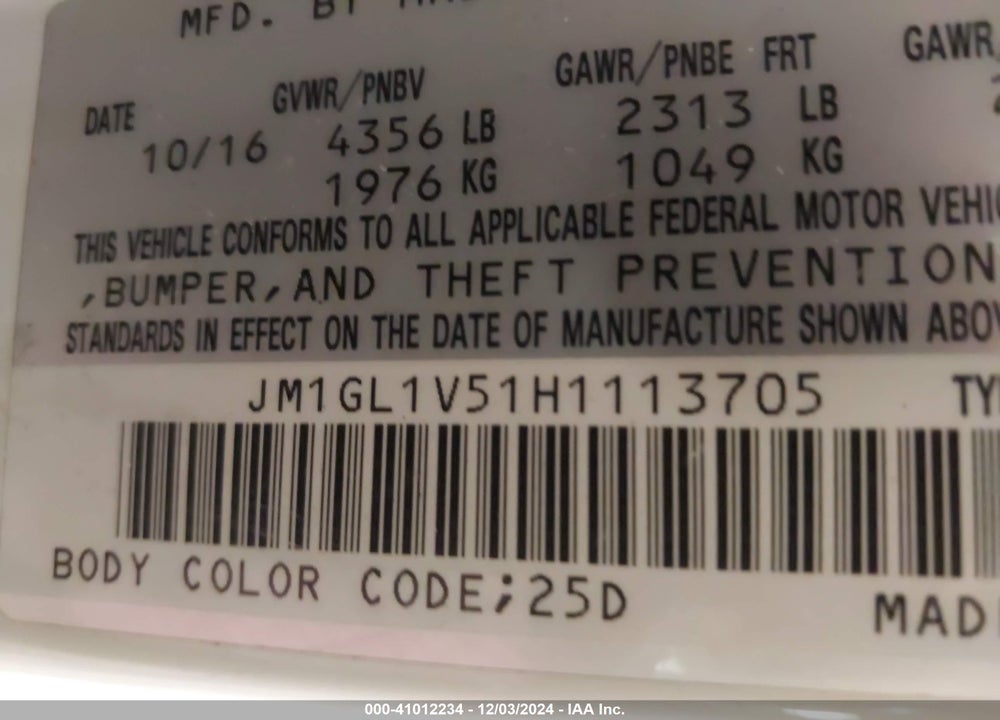 2017 MAZDA MAZDA6 VIN: JM1GL1V51H1113705