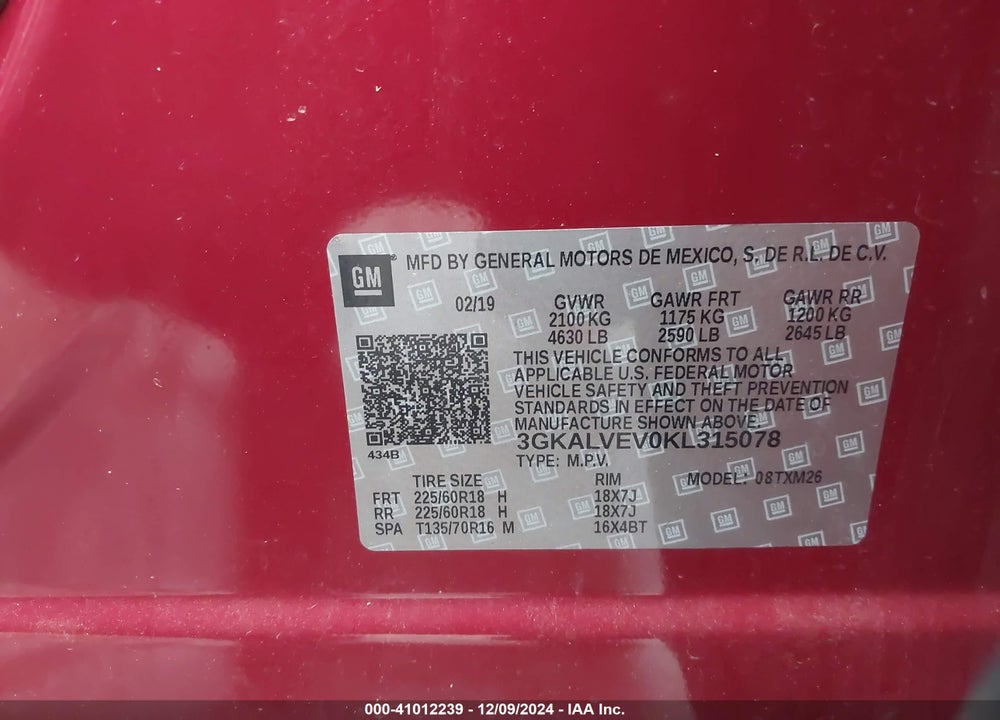 2019 GMC TERRAIN SLT VIN: 3GKALVEV0KL315078