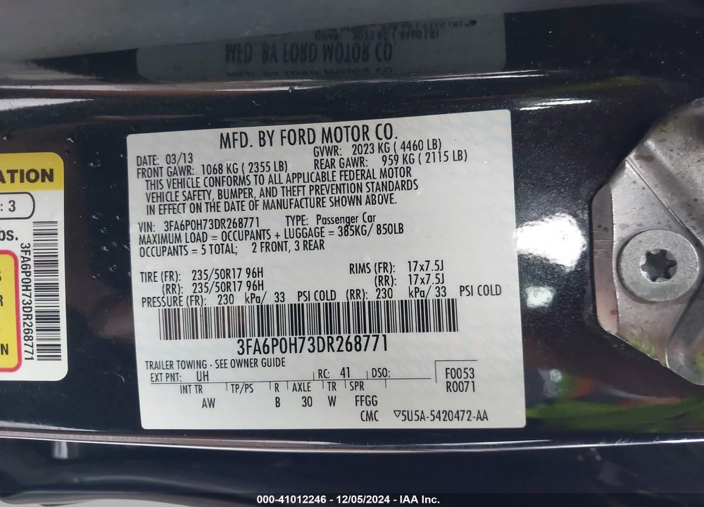 2013 FORD FUSION SE VIN: 3FA6P0H73DR268771