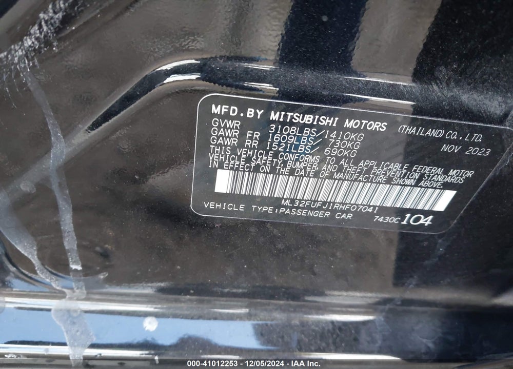 2024 MITSUBISHI MIRAGE VIN: ML32FUFJ1RHF07041