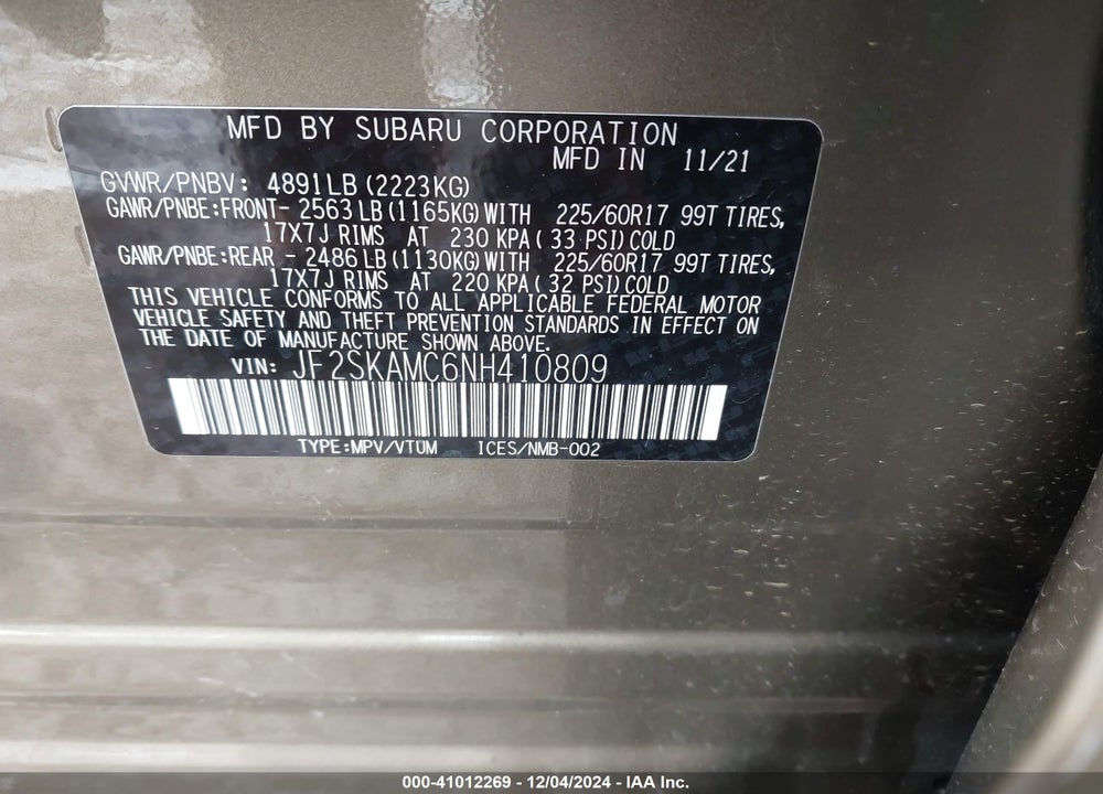 2022 SUBARU FORESTER WILDERNESS VIN: JF2SKAMC6NH410809