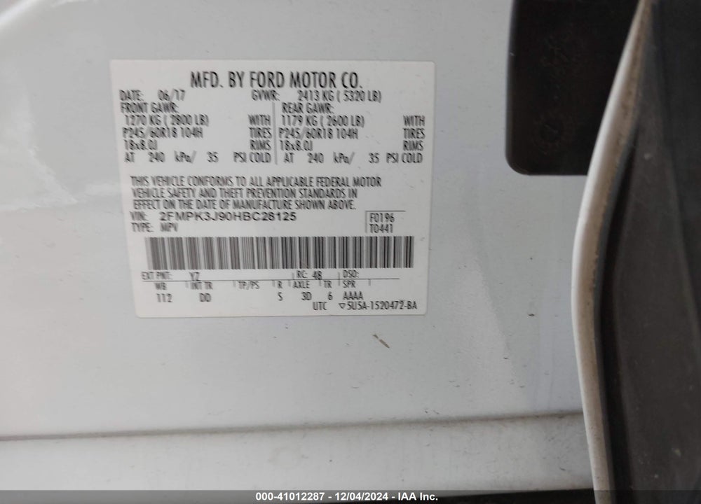 2017 FORD EDGE SEL VIN: 2FMPK3J90HBC28125