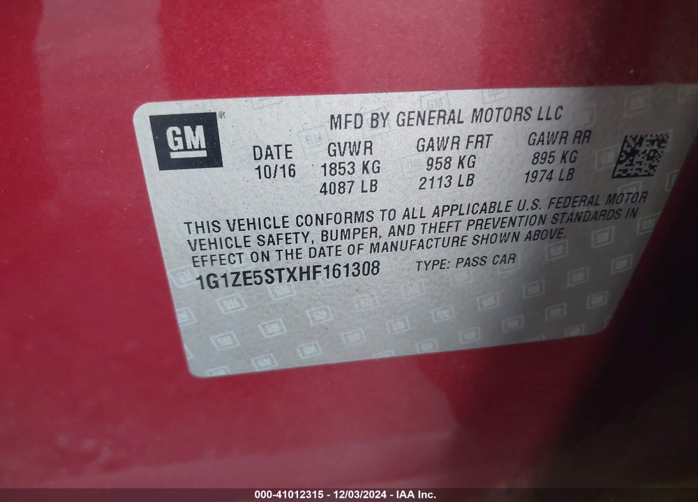 2017 CHEVROLET MALIBU 1LT VIN: 1G1ZE5STXHF161308