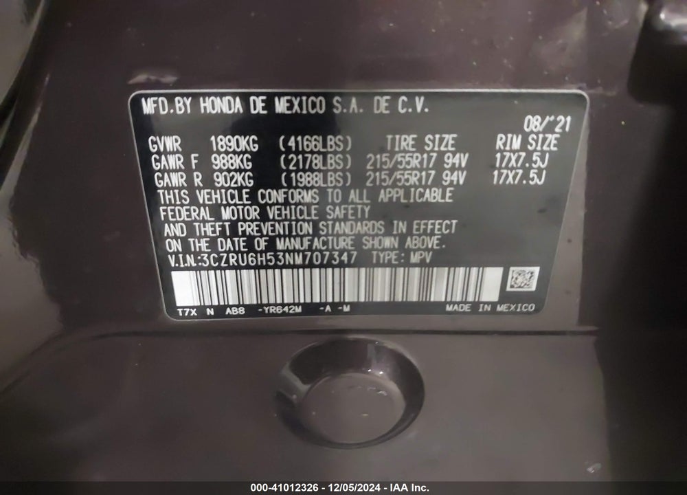 2022 HONDA HR-V AWD EX VIN: 3CZRU6H53NM707347