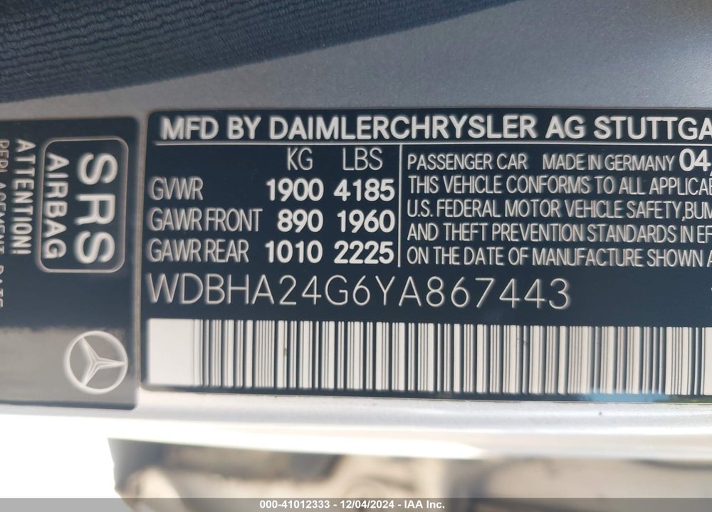 2000 MERCEDES-BENZ C 230 KOMPRESSOR VIN: WDBHA24G6YA867443