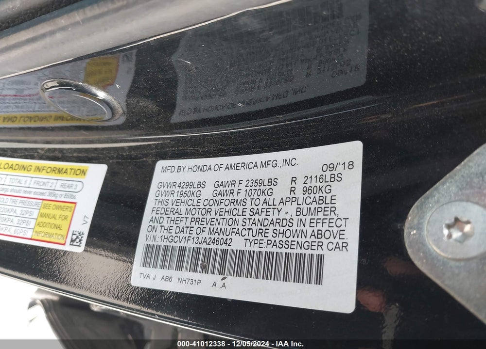 2018 HONDA ACCORD VIN: 1HGCV1F13JA246042