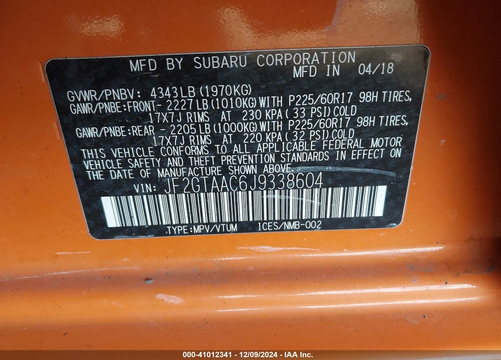 2018 SUBARU CROSSTREK 2.0I VIN: JF2GTAAC6J9338604