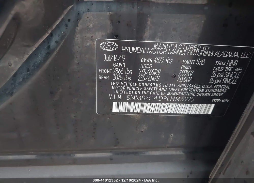 2020 HYUNDAI SANTA FE SE VIN: 5NMS2CAD9LH146925