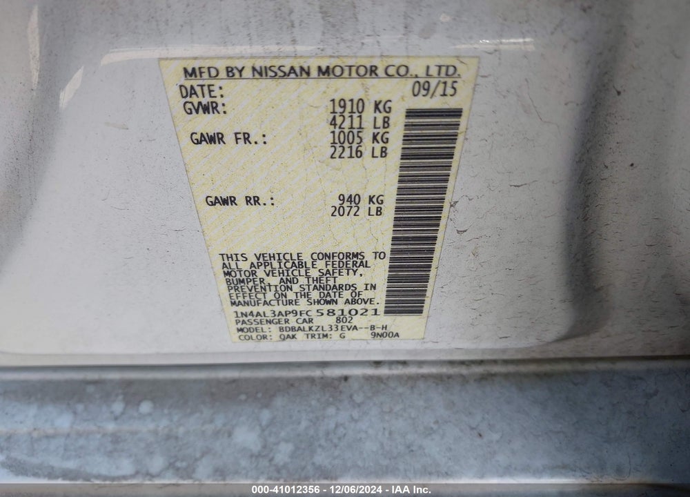 2015 NISSAN ALTIMA 2.5 SV VIN: 1N4AL3AP9FC581021