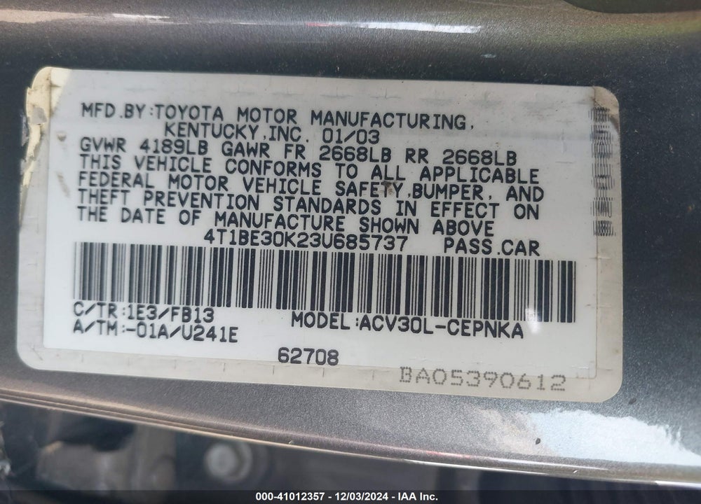 2003 TOYOTA CAMRY LE VIN: 4T1BE30K23U685737