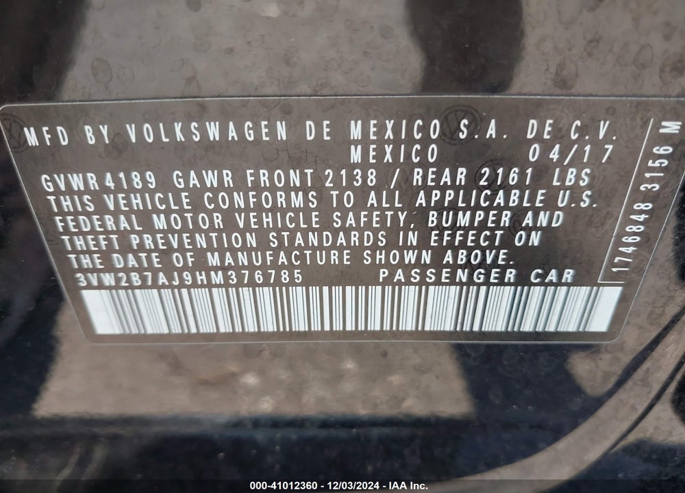 2017 VOLKSWAGEN JETTA 1.4T S VIN: 3VW2B7AJ9HM376785