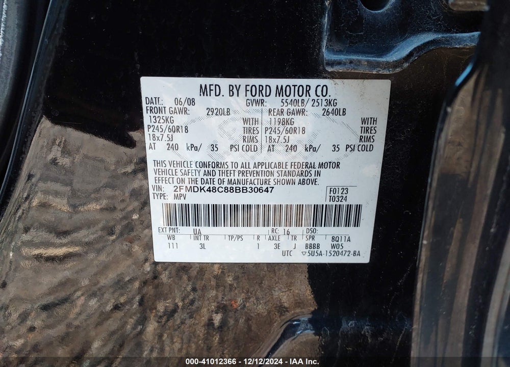 2008 FORD EDGE SEL VIN: 2FMDK48C88BB30647