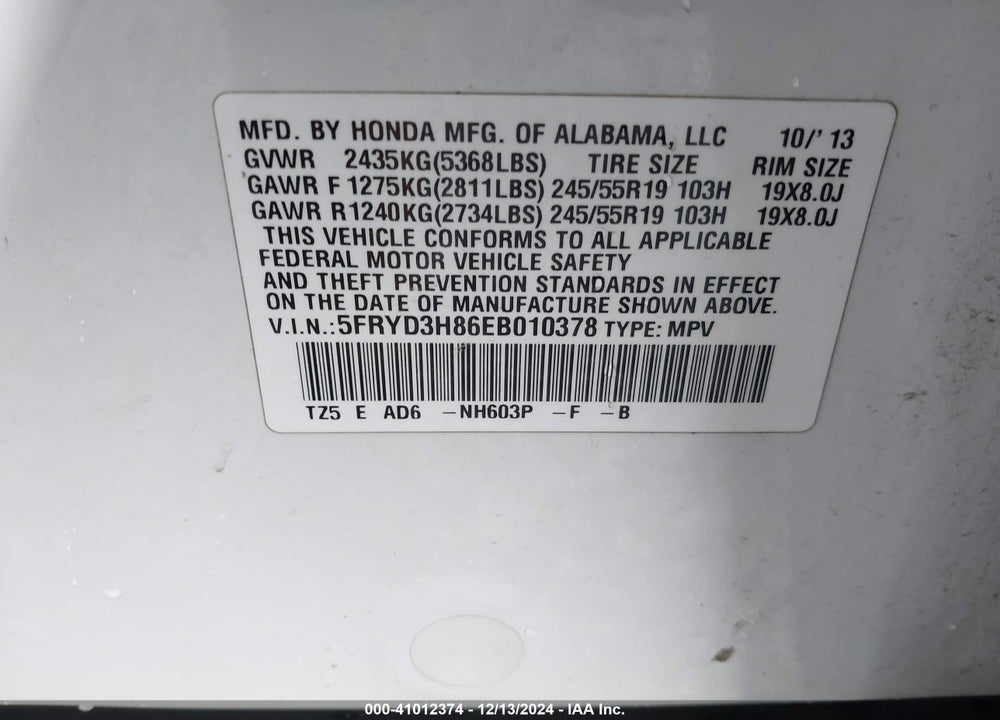 2014 ACURA MDX VIN: 5FRYD3H86EB010378