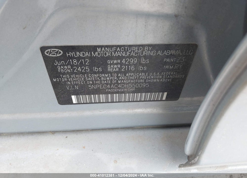 2013 HYUNDAI SONATA SE VIN: 5NPEC4AC4DH550095