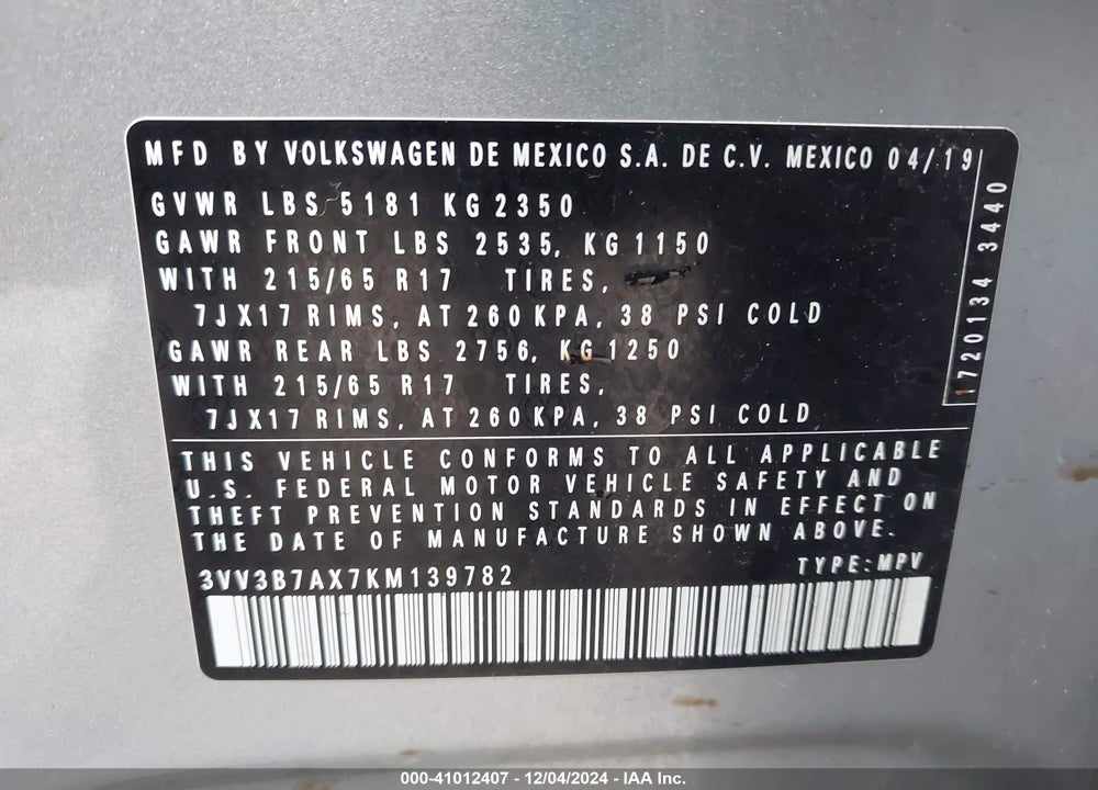 2019 VOLKSWAGEN TIGUAN 2.0T SE/2.0T SEL/2.0T SEL R-LINE/2.0T SEL R-LINE BLACK VIN: 3VV3B7AX7KM139782