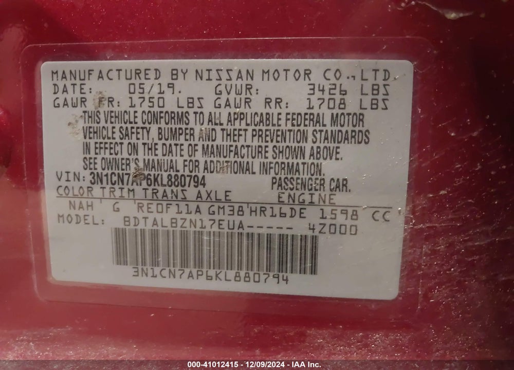 2019 NISSAN VERSA 1.6 SV VIN: 3N1CN7AP6KL880794