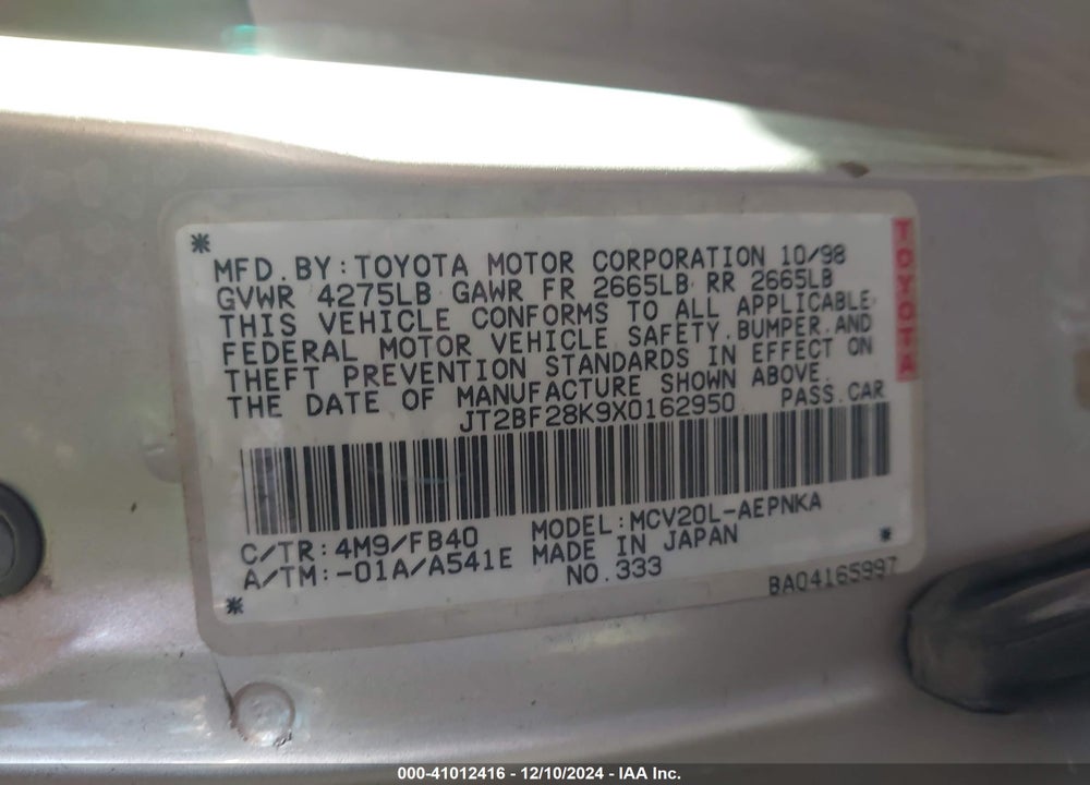 1999 TOYOTA CAMRY LE V6 VIN: JT2BF28K9X0162950